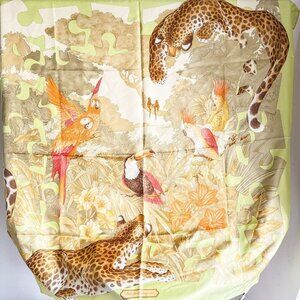 Salvatore Ferragamo Panther Parrot Print Scarf Silk Hand Rolled